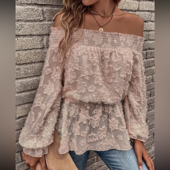 Tops - Boho dusty pink  floral jacquard sheer  off shoulder blouse